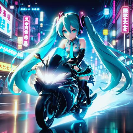 Hatsune Miku riding a motorcycle in a neon-lit city. <lora:Dall-e_3_0.1:1>