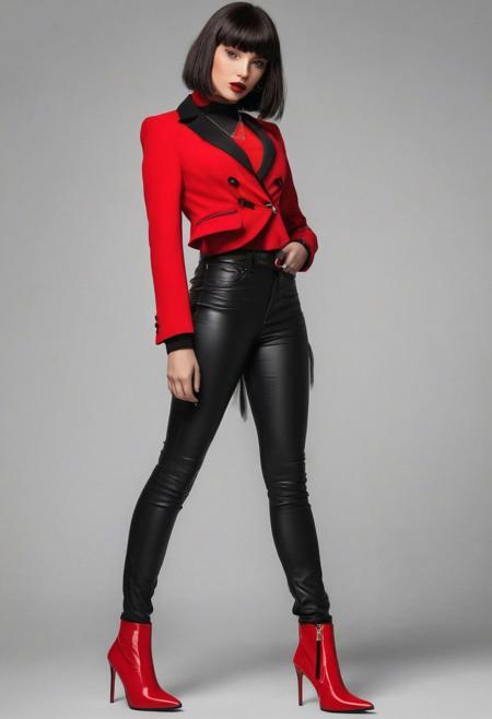 The image is a digital illustration or rendering of a young woman with a bold, Imagine girl in high heels, edgy aesthetic. She has dark, shoulder-length hair with blunt bangs framing her facial features. Her expression is intense and slightly confrontational, with furrowed brows and a pursed lip., 
The woman is wearing a bright red blazer or jacket over what appears to be a black turtleneck sweater or top. The jacket has a sharp, tailored cut, accentuating her slim figure. A delicate cross necklace adds a subtle accent., 
The background is a solid, vibrant red color, creating a striking contrast with the woman's dark hair and drawing attention to her face and upper body. The overall style is highly stylized and digital, with smooth textures and a somewhat surreal, graphic novel-inspired quality., 
The combination of the bold red hue, the woman's assertive gaze, and her powerful yet fashionable outfit conveys a sense of confidence, intensity, and perhaps a hint of defiance or rebellion. The image exudes a contemporary, urban vibe with a touch of mystery and attitude.
