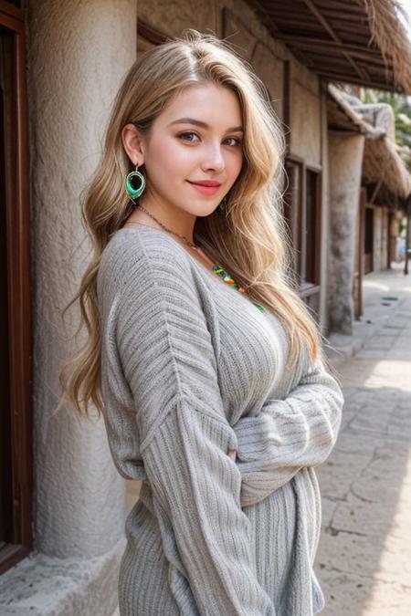 raw photo, (tall 27 year old women:1.1, huge tits, blonde, curvy and voluptuous body type), fashion necklace, fashion earrings, realistic skin texture, (red:0.8), warm lighting, cosy atmosphere, instagram style, onlyfans, looking at camera seductively, casual, candid, daytime shot on a beach in tulum, authentic happy face, beautiful anatomy, 4k, beautiful face, curvy weight, sfw, beautiful hands and fingers, bokeh, breasts not showing, wearing retro 80s-inspired outfit with neon colors and bold patterns
