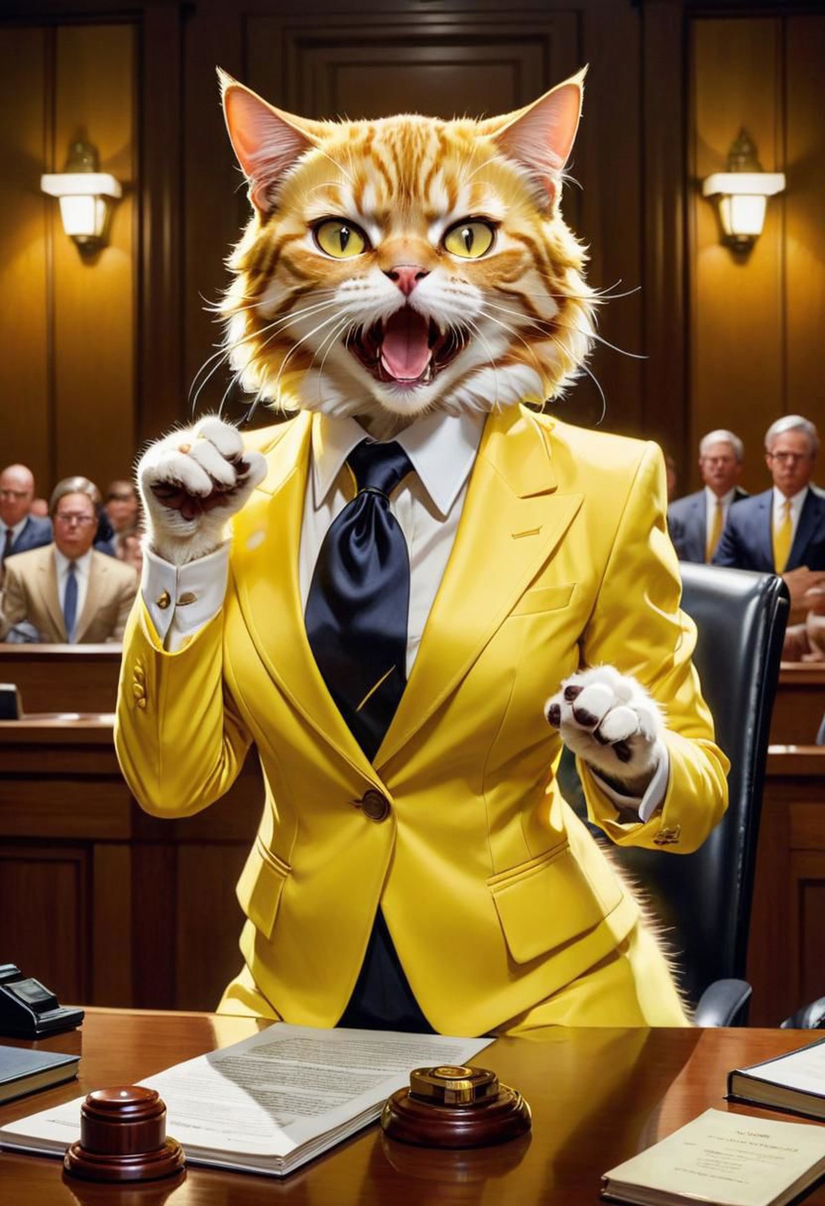 Photo of a cat lawyer dress in a yellow suit, arguing in court, art by J.C. Leyendecker, Canon 5d Mark 4, Kodak Ektar, neo...