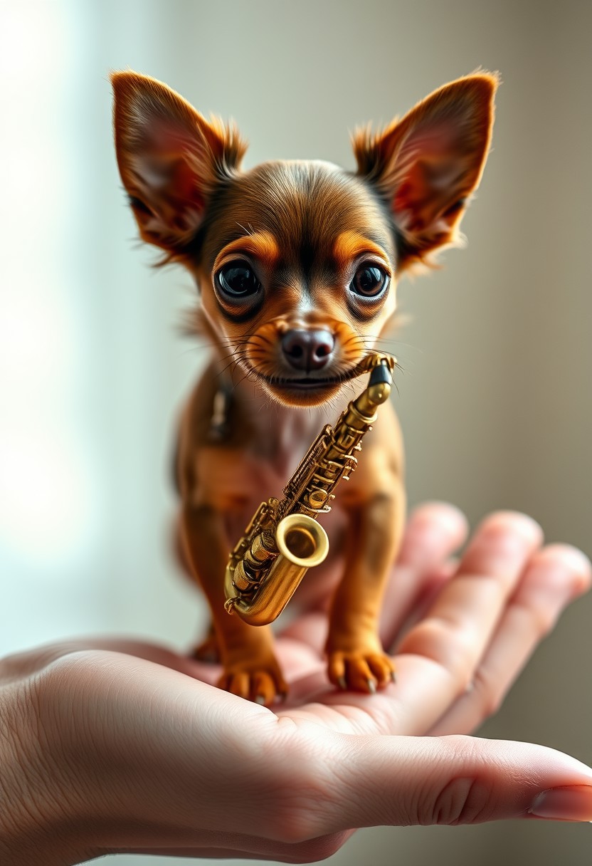 An ultra-realistic photograph of a Miniature Pinscher standing on a human hand, holding a tiny saxophone in its mouth. The Miniature Pinscher's fur is detailed with vibrant brown hues. The saxophone is gripped delicately by the Miniature Pinscher’s mouth, as it appears to be playing. The hand is textured with visible skin pores and slight wrinkles, carefully supporting the Miniature Pinscher. The background is softly blurred to draw attention to the subject, with natural, soft lighting enhancing the scene. Captured with a macro lens for high detail, shallow depth of field, high-definition quality