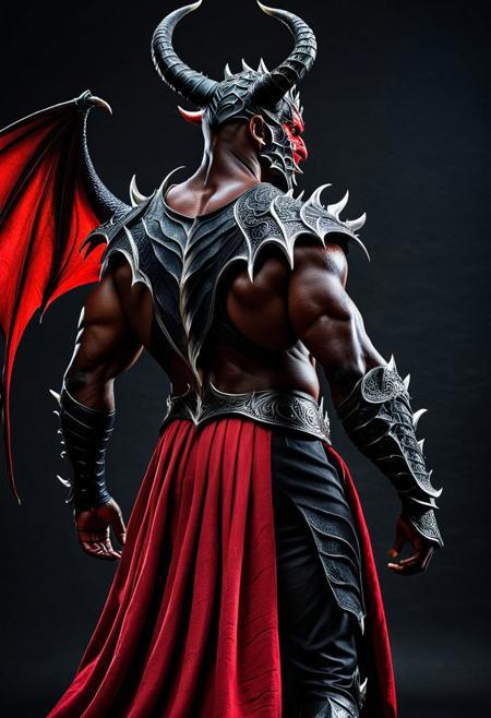 8k, score_9, score_8_up, score_7_up,
masterpiece,realistic,ultra detailed, vibrant colors,photo-realistic,from back,
Powerful demon, (male:1.0), (ethnicity:1.0),  (detailed clothing:1.2), (accessories:1.3), (detailed tattoos:1.3) ,  (muscular body:1.2), (fierce expression:1.2), (intense gaze:1.2),  (pose:1.2), centered in the frame, facing forward,  reddish-dark skin,The knight's armorwith its organic design　covering body and arms,  large horns, Giant dragon wings, devil's tail, (detailed facial features:1.2), (powerful jawline:1.1),  (red demonic mask:1.2) , dark gray and black armor-like clothing, layered over a red robe, dark gray cloth-like, and dark accessories.  dark, shadowed background,  dynamic pose,  dramatic lighting,  high contrast,  photorealistic style,  digital art,  sharp focus,  highly detailed, 8k resolution.