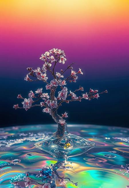 cherry blossom tree, completely transparent, reflective iridescent surface, glass art, colorful, translucent, Space, Lunar Surface, Cherry blossoms glow faintly, 
Earth in the background, 
Japanese art style, Japanese ink painting, 
best quality, sharp focus, high contrast, colorful, ultra quality, 8k, best quality,