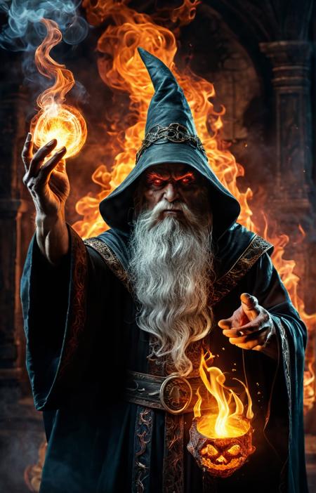 old wizard summoning a demon,partially transparent devil materializing,fierce fiery flaming glowing eyes smokey,mysterious,mystical detailed background,evil fortress
