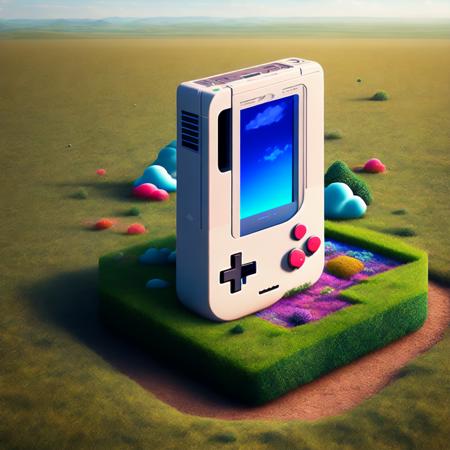 (gameblocked style:1) an image of a gameboy in the middle of a field <lora:djzGameBlockedV21_LoraBooth:1>