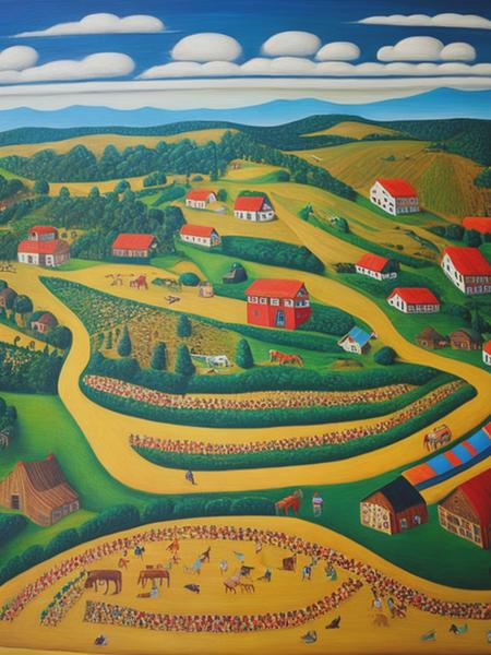 <lyco:FolkArt:1.0> the traditional way of life with wooden horse folk art oil on canvas by hannasveda, in the style of birds-eye-view, traditional landscapes, folk art, villagecore, naive art, multilayered, southern countryside