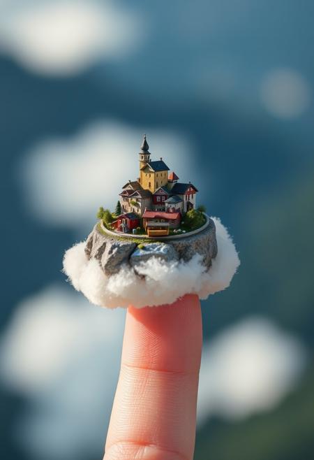 macro photography of a miniature little village on top of a puffy white cloud that's being balanced on the end of a finger. Highest-Quality, 4k, intricate details, visually stunning, Masterpiece