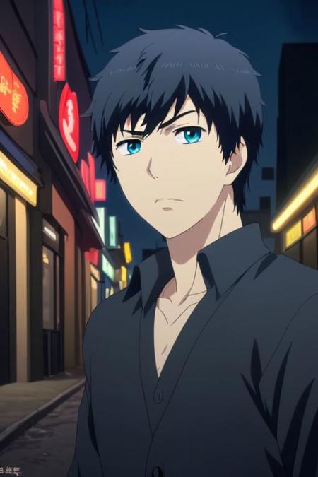 high resolution, solo, best quality, 1Boy, Arata Kaizaki, Portrait, Black Hair, Blue Eyes, portrait, midnight, dim street lights, mysterious, threatening, gun, turned the gun on himself, OverallDetail
