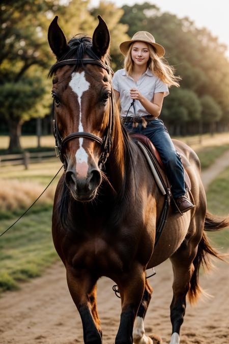 full body,photo of a 18 year old girl,riding on a horse,running,happy,looking at viewer,ray tracing,detail shadow,shot on Fujifilm X-T4,85mm f1.2,sharp focus,depth of field,blurry background,bokeh,lens flare,motion blur,<lora:add_detail:1>,