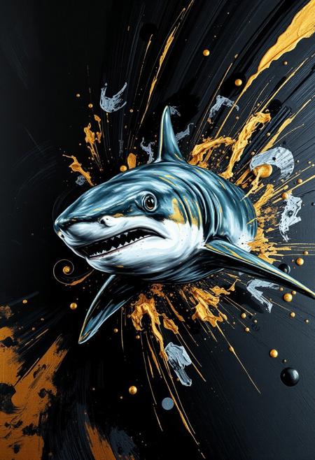 A hyper-stylistic, extremely detailed image depicts a breathtaking painting, crafted from a combination of smeared black and gold metallic paint. A shark is captured in a streaked motion, as if it is moving rapidly in one direction. The black paint is applied in bold, dynamic strokes, creating a sense of energy and movement that is contrasted beautifully by the golden accents. The gold paint is used to highlight the shark's features, adding a sense of depth and dimensionality to the image. The overall effect is one of breathtaking, surreal dynamism, as if the viewer has captured a fleeting moment in time. Every detail of the image is meticulously crafted, from the delicate, swirling patterns of the gold paint to the intricate, textured patterns of the black paint. The contrasts between light and dark, color and texture, create a sense of tension and energy that draws the viewer in, inviting them to explore the kinetic world of the painting. highest-Quality, intricate details, visually stunning, Masterpiece