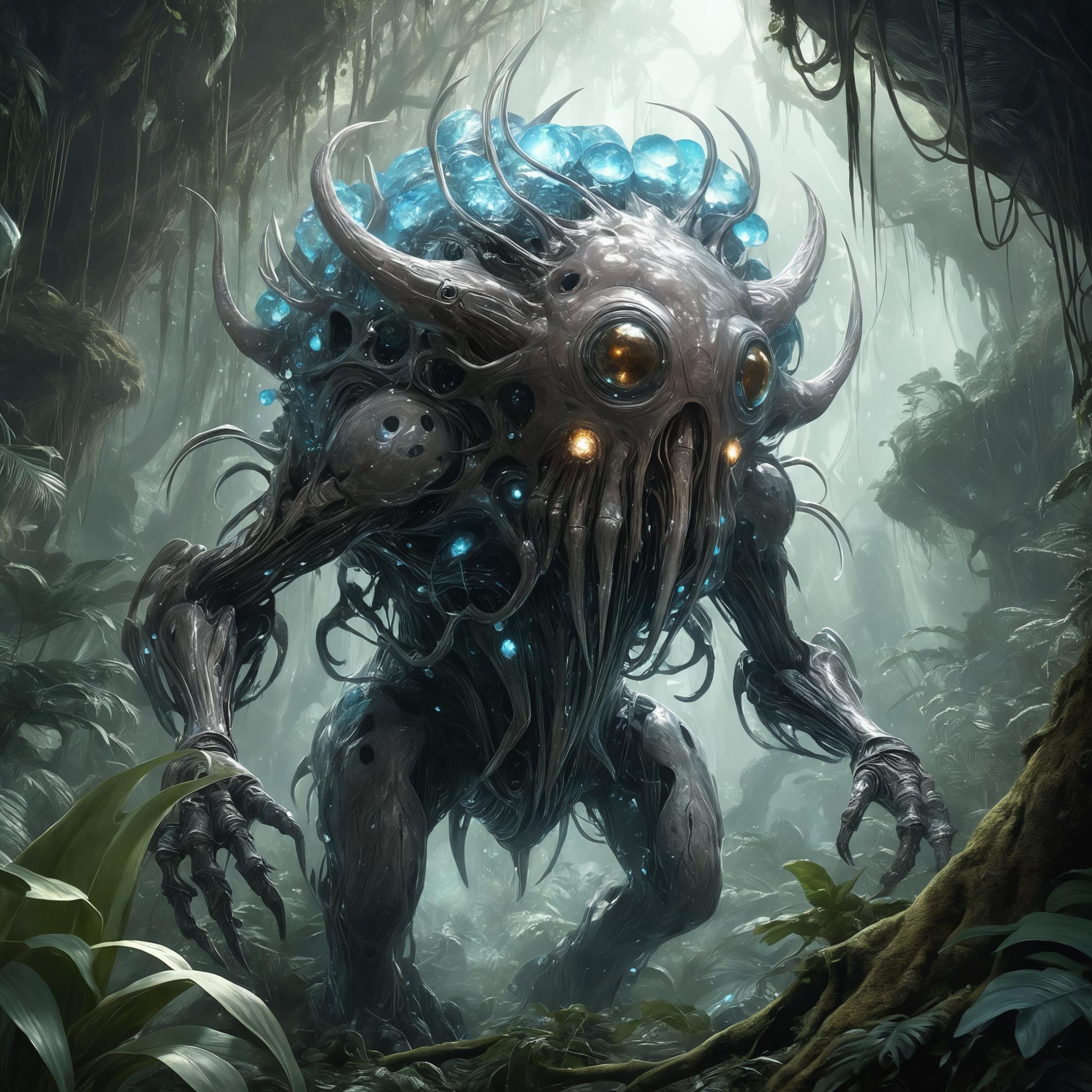 Ancient, Robotic Monster with Blue Orbs and Tentacles in a Jungle Environment