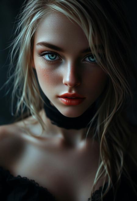 a cute but seductive woman, blonde, (hi-top fade), (dark theme:0.9), soothing tones, muted colors, high contrast, (natural skin texture, hyperrealism, soft light, sharp). Bright green eyes