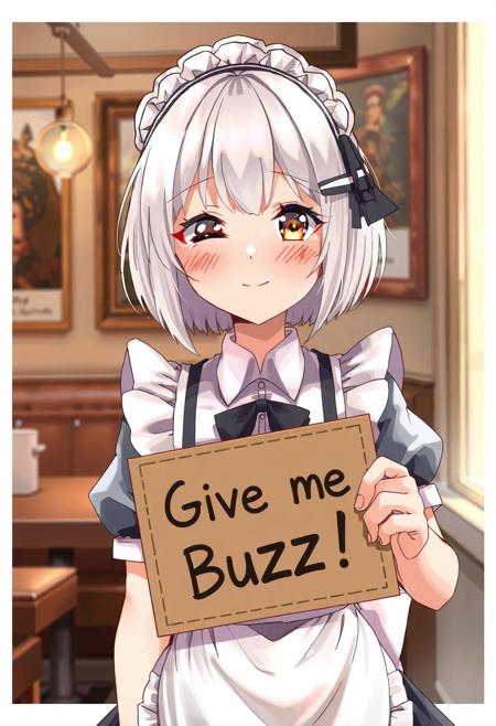 score_4,score_5,score_6,score_7_up,score_8_up,score_9 ((masterpiece,best quality,ultra detailed,highres,HD,4k:1.2)), 
1 girl,solo,face focus,
white hair,short hair,bob cut,sidelocks,brown eyes,
Maid headband, maid apron, maid outfit, frilly apron,
indoors,cafe,
maid costume,maid school,
(("Give me Buzz.",Beggars Borad,Holding a sign, holding a sign that says, "Give me Buzz.")) wink,happy,blush, looking at viewer, smile,,
