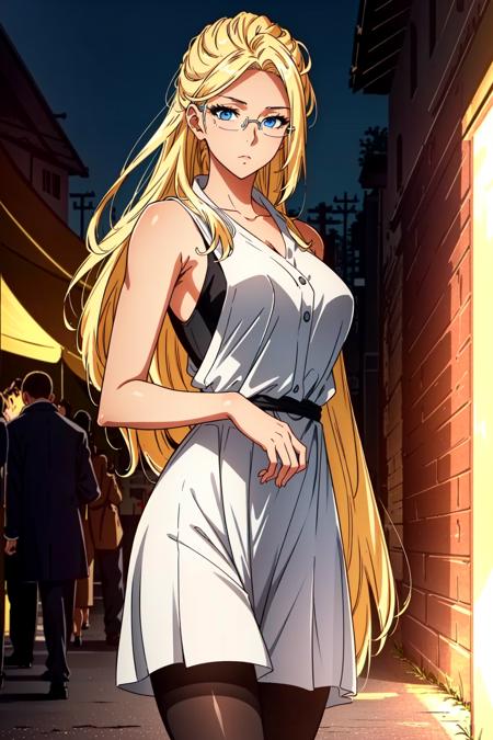 <lora:Ashe:0.8> Ashe, 1girl, solo, pantyhose, blonde hair, glasses, dress, sleeveless dress, standing, long hair, looking at viewer, blue eyes, outdoors, festival, night, perfect lighting, ((shining face, shining body)), perfect face, make up, eye shadow, ((gorgeous)), Extremely beautiful, perfect, (masterpiece:1.2), (best quality:1.2), cinematic, perfect skin, perfect lighting, textured skin, detail, beauty, overall, hour glass body, sharp focus, ultra-detailed, illustration, perfect face, ((gorgeous)), Extremely beautiful, perfect, detailed background, ((shonen style)), (detailed background, intricate background:1.1), beautiful, ((Extremely Detailed)), ((Best Quality)), ((Masterpiece)), ((4k))