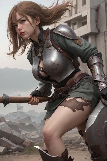 best quality,masterpiece,highly detailed,ultra-detailed,1girl,  <lora:AXE:0.3:Chr> 
(Greaves),An armor made of metal leg guards
holding weapon, holding axe,battle axe
holding long grip of axe, 
 fighting stance,