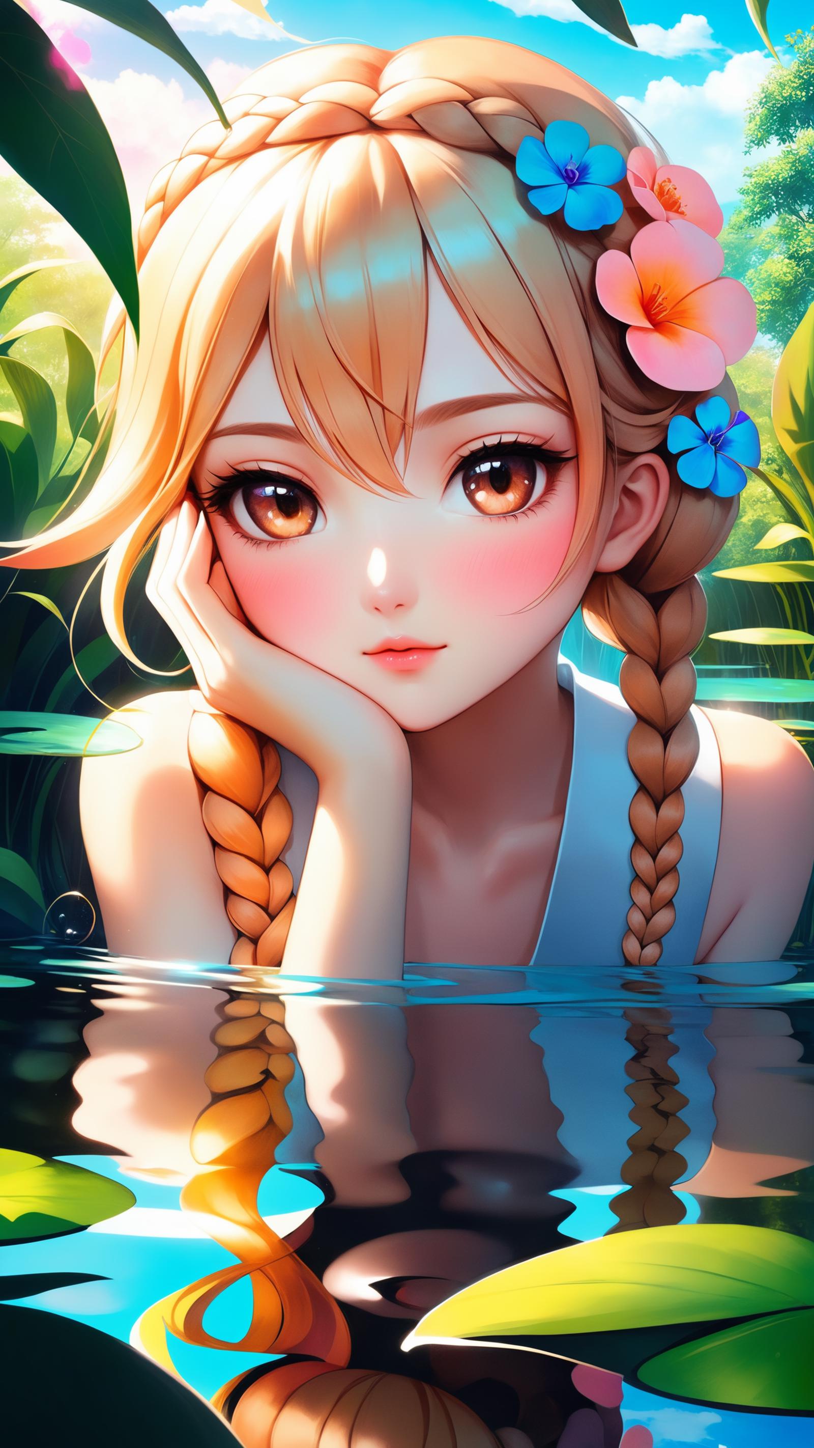 A young girl with pigtails and a flower in her hair, posing by a body of water.