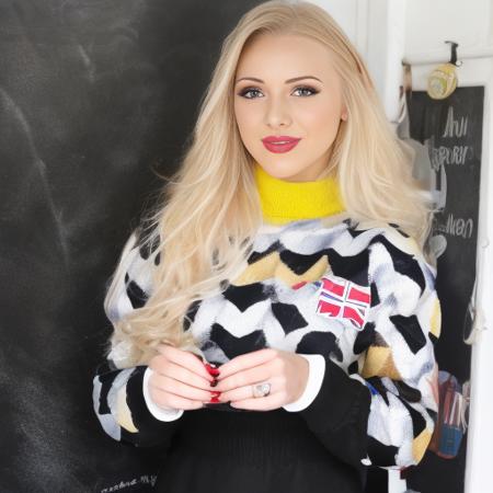 photorealistic high quality high resolution 8k  portrait of lucybella, <lora:LucyBella:1>, an elegant teacher standing in front of a blackboard with an English flag and a map of England, wearing tight yellow sweater and skirt, long very bright blonde hair