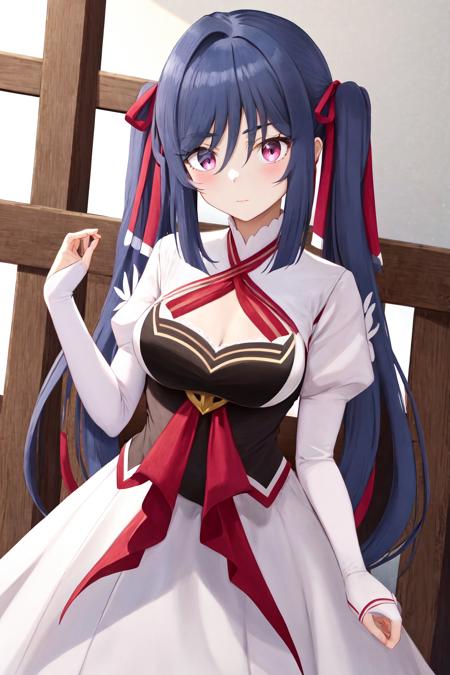 masterpiece, best quality, highres,  1girl zenovia marden twintails hair ribbon, white dress clothing cutout white sleeves red ribbon black vest <lora:zenovia_marden:1>