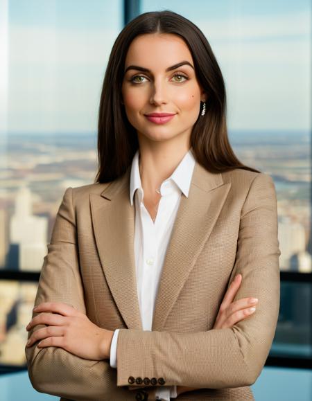 <lora:4n4d34_SDXL_SGX:1>,(close-up) photograph of (beautiful 26 year old) (4n4d34:1.2) woman with dark hair,as a tech CEO,wearing a (tan suit with white shirt)and(brown pants suit:1.2),standing in a (conference room:1.2),presenting (statistical charts on a projection screen:1.3),(large windows with cityscape in background:1.3),jewelry,(smile),lips,makeup and mascara, surrounded by office staff,face focus,sharp focus,depth of field,facing viewer,rich details,clear shadows and highlights,realistic,highly detailed,