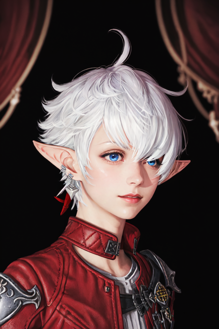 Alisaie Leveilleur, official art, best illustration, extremely detailed, ultra sharp, 1girl, solo, short hair, blue eyes, gloves, jewelry, jacket, upper body, white hair, earrings, pointy ears, armor, hair over one eye, depth of field, specular highlights, red jacket, elezen, <lora:Alisae_FFXIV-06:0.8> ProfessionalDetail