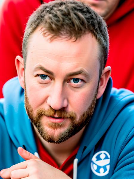 RAW photo of (AlexHorne:0.99) a man, wearing a red hoodie, with a white undershirt, with a black pants , detailed face, realistic skin, high quality, (blue eyes:1.1), Leica 50mm, f1. 4, natural light, grainy, (high detailed skin:1.2), high detail