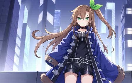 Masterpiece, Best quality, 4k resolution, beautiful eyes, Cyberpunk city, daytime, IF, 1girl, boots, green eyes, solo, long hair, brown hair, full body, blue coat, hair between eyes, knee boots, blue footwear, standing, looking at viewer, long sleeves, coat, closed mouth, jacket, sleeves past wrists, hair ribbon, ribbon, choker, hair bow, dress, green ribbon, bangs, bow, gloves, hair ornament, one side up, open clothes, black shorts, eyebrows visible through hair, open coat, variable poses, multiple poses, dynamic poses, multiple expressions,