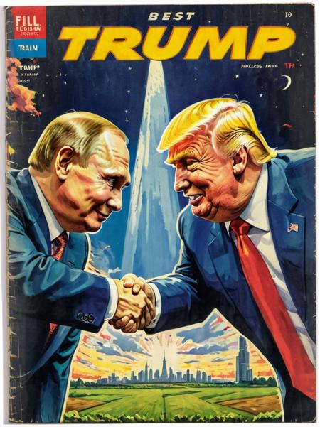 <lora:Wiz-VintageComicBookCover_v01:1.4>,  ((letters PUTIN BEST FRIEND)), Vintage comic book cover fillustration of Trump and Vladimir Putin shaking hands