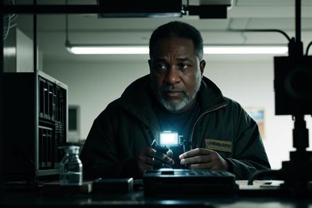A photorealistic image in the style of Steven Spielberg's suspenseful, character-centric sci-fi films. The scene is set in a dark, underground laboratory where a middle-aged Black man, dressed in a scientist's coat, stands close to the viewer, illuminated by the eerie glow of an alien artifact on the table before him. His face shows intense fascination and slight apprehension. Behind him, the lab is in disarray with scattered papers, flickering monitors, and complex machinery, indicating a frantic quest for knowledge. The close-up perspective emphasizes his humanity and the personal nature of his journey. The image is captured with high-quality digital camera aesthetics, dynamic Spielbergian lighting and focus, with a subdued color palette and strategic color highlights on the alien artifact and the scientist's emotional state.