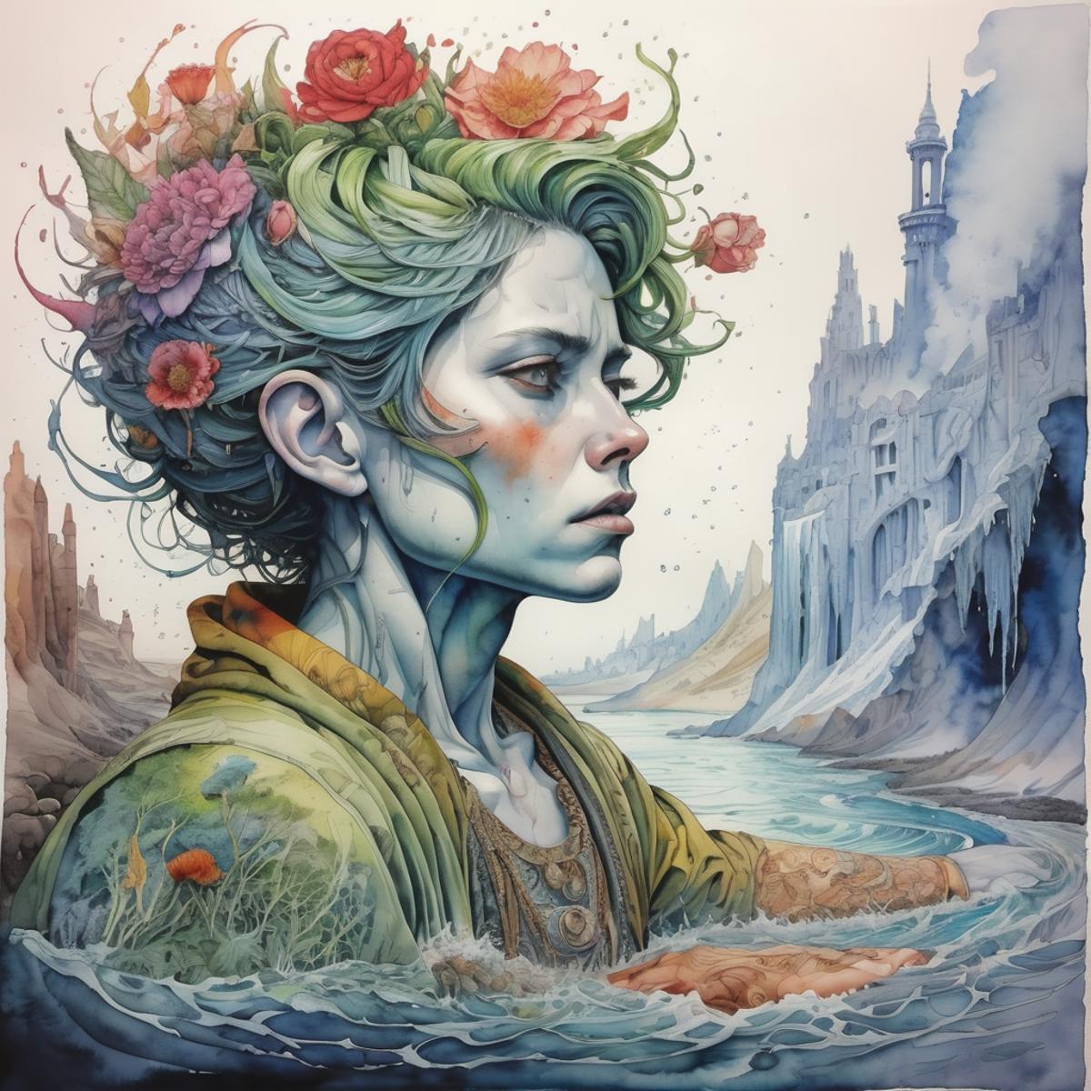 A painting of a woman with flowers in her hair, wearing a green shirt, and looking into the water.