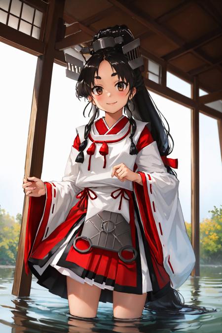 nisshin multi-tied hair high ponytail headgear japanese clothes red ribbon wide sleeves ribbon-trimmed sleeves hakama skirt