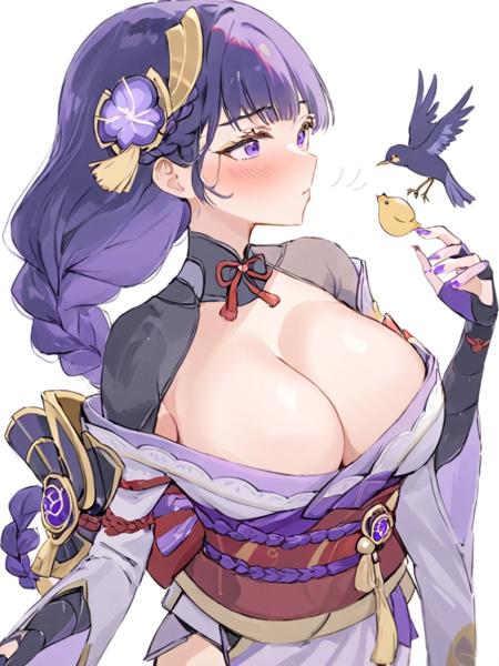 raiden_shogun,kimono,obi,solo,mole,hair_ornament,armor,ribbon,shoulder_armor,breasts,