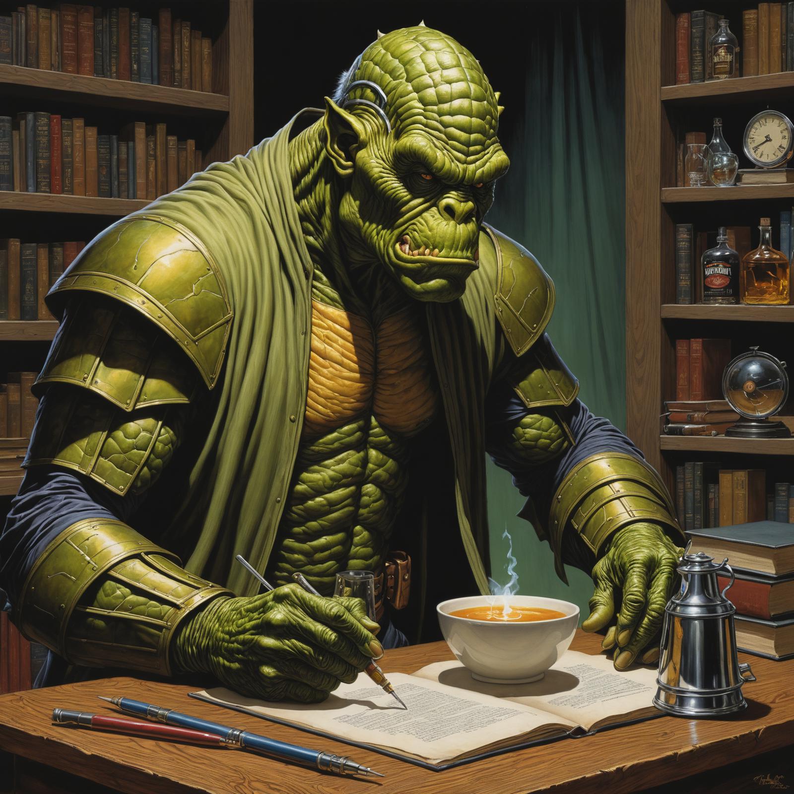 A green, scaly humanoid creature with a pen in hand, sitting at a table with a bowl of soup and surrounded by numerous books.