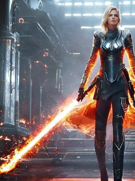 24 year old woman with (blonde hair) as a royal space warrior wearing ((Opalescent space armor)) with intricate engravings and (glowing lights embedded in armor like tron), (medium wide shot), in a fighting pose, imperious expression, golden eyes, atmospheric lighting, flames in background, aslanscifi_v1, actionhelper