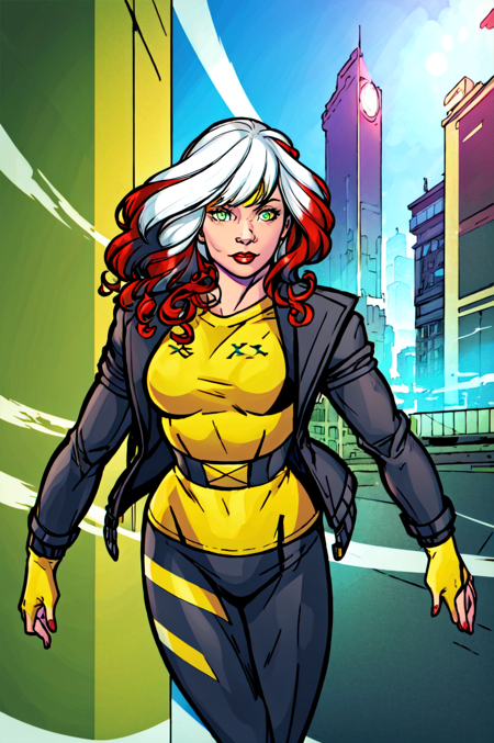 masterpiece, best quality, 1girl, red lips, solo, bomber jacket, green eyes, green and yellow body suit, curly hair, multicolored hair, white hair, red hair, auburn hair, two-tone hair,ombre , Rogue of the X-men, Anna Lebeau, bangs,  side lighting, skiny skin, superhero,best illustration, city background,