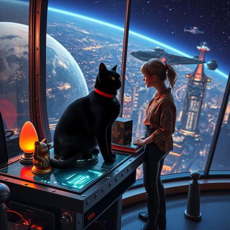 A sleek black cat with red collar sits on a cluttered metal riveted desk with transparent top and micro-LED lighted computer components visible inside, On the desk are a maneki neko statue and a lava lamp, the Black Cat is looking out of a seamless and futuristic floor to ceiling window that looks out at a planet from low orbit, the planet is covered with the lights of enormous buildings and cities, (((a beautiful woman, 24 years old, is standing next to the desk the cat is sitting on and looking longingly out the window, the woman is dressed in an ornate Japanese style shirt and tight leather-like pants. An enormous deco-cyberpunk starship with futuristic lighting and an enormous space station are visible in the background among the stars, The woman's hair is messy from just waking up and tied up with a ribbon. Artistic cyberpunk, dynamic perspective, (((overall architectural aesthetic is Art Deco Cyberpunk))).  Epic image that elicits a feeling of wonder and awe,