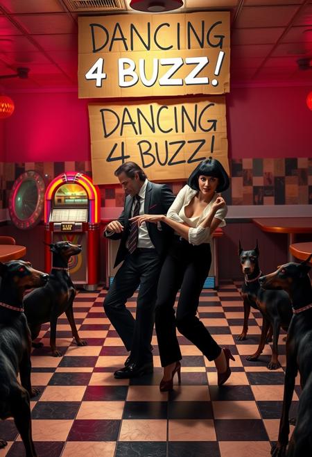 Create an image of a lively dance scene reminiscent of the iconic moment in “Pulp Fiction,” but with a unique twist. The setting is a retro-themed 1950s diner with checkered floors, neon lights, and a jukebox playing in the background. In the foreground, two characters are dancing: one is a man with dark hair, wearing a black suit, white shirt, and tie, and the other is a woman with a short black bob haircut, dressed in a white blouse and black pants. They are mid-dance, striking a playful pose with confident expressions, one pointing towards the other.
Surrounding the dance floor are several dobermans with menacing postures, their eyes glowing a fiery red, giving the scene a surreal and eerie atmosphere. In the background, prominently displayed, is a large cardboard sign that reads “DANCING 4 BUZZ!” in bold, hand-drawn letters. The sign adds a quirky, almost playful element to the otherwise intense and otherworldly scene, blending humor with the ominous vibe of the dobermans. The overall image should feel dynamic, with a mix of cool, rebellious energy and surreal tension.