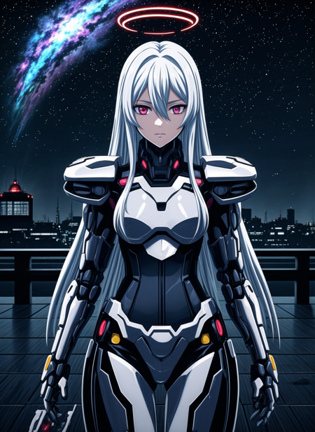 masterpiece,best quality,ultra-detailed,very detailed illustrations,extremely detailed,intricate details,highres,super complex details,extremely detailed 8k cg wallpaper,cowboy shot, caustics,reflection,ray tracing,demontheme,nebula,dark aura,cyber effect, 1girl,solo,alone,mecha musume,mechanical parts, robot joints,single mechanical arm, headgear, mechanical halo,star halo,intricate mechanical bodysuit, mecha corset, kimono, full armor, very long hair,white hair, hair between eyes, multicolored hair, colored inner hair, red eyes,glowing eye,eye trail, random expressions,random action, ancient japanese architecture,pond, starry sky,skyline, <lora:mecha_offset:1> <lora:more_details:0.3>