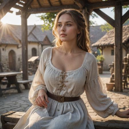 centered, wide shot photo, from below, beautiful woman peasant, perfect breasts, round breasts, medieval tunic, on bench, fantasy village, sunrays