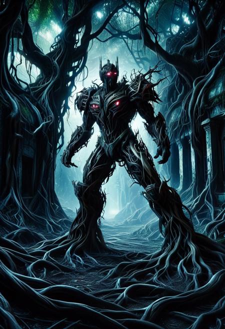 PERFECT ANATOMY, HIGH QUALITY, ULTRA HD, morph-treeroots, Nemesis prime in the dark, glowing eyes, heading toward viewer, old abandoned city,<lora:tree roots_0_100_V1-000008:0.8>