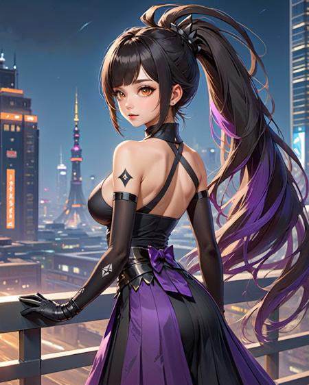 1girl, sakifuwa, long hair, ahoge, solo, black hair, dress, gloves, ponytail, looking at viewer, elbow gloves, bangs, sleeveless, sleeveless shirt, black dress, black gloves, bare shoulders, very long hair, closed mouth, building, breasts, orange eyes, purple strain of hair, elbow gloves, fingerless gloves, leggings, very long skirt, black tights, hair ornament, earrings, night, tattoo on arm, close up, <lora:sakifuwa_v12_XL-30:1>