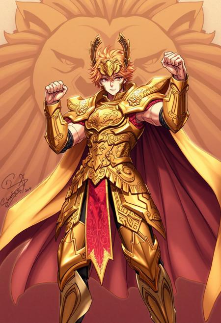 score_9, score_8_up, score_7_up, source_anime, masterpiece, best quality, mufengchun_style, 1boy, human, vibrant, high-detail, digital drawing, anime-inspired art style,male warrior, dramatic pose, dynamic pose, golden armor, intricate patterns, swirling patterns, flowing cape, helmet, stylized lion's face in background,fierce expression, determined expression, one hand raised, one hand fist, orange hair, detail.
stylized lion's head Behind, fierce expression. lion head blending with background, mufengchun_style, saintseiya, gold armor, armor, male focus, 1boy, full armor, weapon, helmet, lion, blonde hair, cape, full body, sword
golden armor, ornate, detailed, helmet, lion motif, chest plate, shoulder pauldrons, arm guards, gauntlets, elbow protectors, belt, decorative fabric, thigh guards, knee plates, greaves, boots, segmented plating, embossed, angular, battle stance, clenched fist, determined expression, ghostly lion head, energy waves, swirling cloth, orange embers, dark background, mystical, epic atmosphere, focused eyes, dynamic pose, protective ridges, intricate carvings, mythical, powerful, dramatic