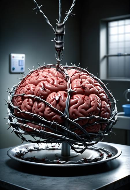 A large single brain wrapped with <lora:ral-barbwire:0.8> ral-barbwire, slave of its thoughts,  on a hospital metal dish, blood flowing, dirty operation room, dark atmosphere, moody, dramatic,  <lora:add-detail-xl:1>  <lora:CinematicStyle_v1:1>  <lora:great_lighting:1> great lighting