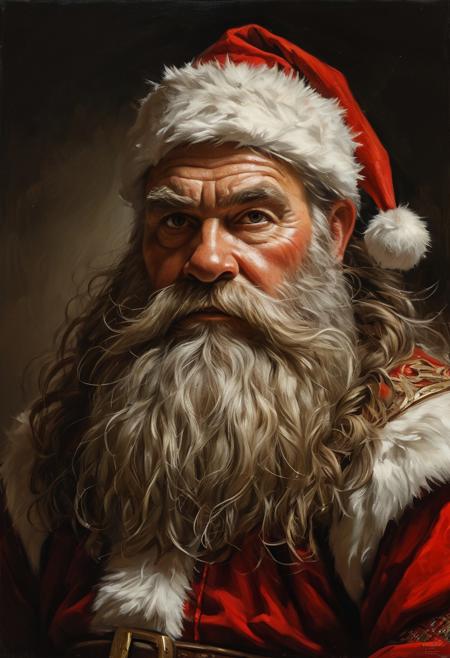 Fantasy dwarf in Santa Claus costume, masterful painting in the style of Anders Zorn | Marco Mazzoni | Yuri Ivanovich, Todd McFarlane, oil on canvas