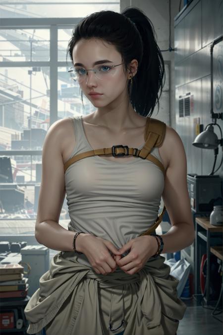 MamaDS, 1girl, realistic, glasses, solo, black hair, looking at viewer, ponytail, lips, nose, upper body, blurry, indoors, tank top, blurry background, earrings, jewelry, long hair, ponytail
masterpiece, best quality,
<lora:epi_noiseoffset2:1>,   <lora:MamaDS:0.7>