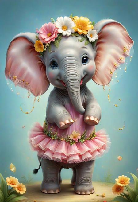 JuggernautNegative, Step into the delightful realm of cute creatures as a charming elephant steals the spotlight, adorned with a lovely flower on its head. This adorable digital painting showcases the cuteness of the elephant in exquisite detail and vivid colors. The cute 3D render brings a sense of depth and charm to this lovable creature. The elephant, wearing a tutu, adds an extra layer of whimsy and playfulness to the artwork, making it both adorable and delightful. With its intricate details and vibrant colors, this artwork stands as a beautiful representation of the magic that happens when creativity and cuteness collide. =<8