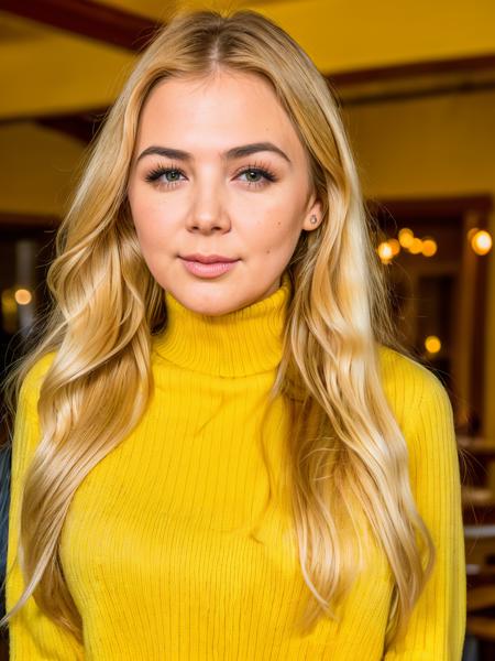 closeup headshot, RAW photo of a gorgeous woman, blairwi as a sexy college student, long blonde flowing hair, (wearing yellow turtleneck jumper:1.2), in a tavern, 150mm professional flash photography, full detail, detailed face, analog photography, 8k uhd, dslr, soft lighting, high quality, film grain, Fujifilm XT3, <lora:epiNoiseoffset_v2:0.6>