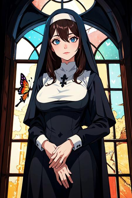 official art, unity 8k wallpaper, ultra detailed, beautiful and aesthetic, High quality, beautiful, masterpiece, best quality, (zentangle, mandala, tangle, entangle:0.6), 1girl, solo, blue butterfly, breasts, veil, nun, butterfly, large breasts, bug, bangs, long hair, long sleeves, dress, black dress, looking at viewer, brown hair, closed mouth, gothic church scene, side lighting, rim lighting, demonic view, indoors, hair between eyes, underboob, sky, window, pillar, pelvic curtain, water splash, wind swept, glitter,ultra sharp