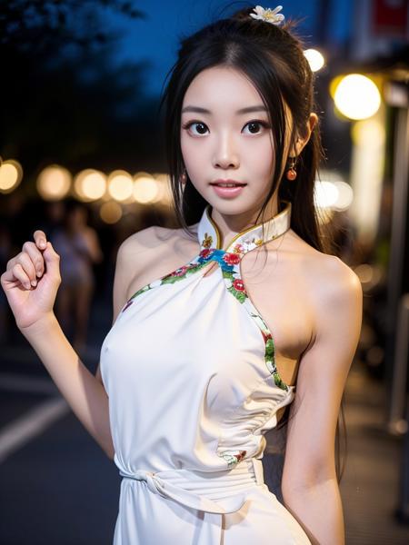 <lora:xinxiaomong:0.8>, (nsfw, open clothes), china dress, masterpiece, best quality, 1girl, aqua eyes, black hair, closed mouth, looking at viewer, solo, upper body, alluring, clean, beautiful face, pure face, pale skin, sexy pose,long hair, ((perfect female figure)), 18-years-old chinese girl, narrow waist, city street background, arm behind head, outdoor, watched by crowd background