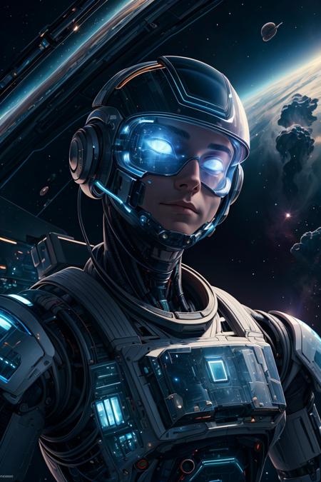 (best quality, masterpiece), Detailed, 1boy,astronaut,complex portrait of a sci-fi Borg  floating in outer space, nebula, galaxy,Looking forward,(cybernetic limb:0.7), <lora:add_detail:0.3>, <lora:GlassTech:0.5>