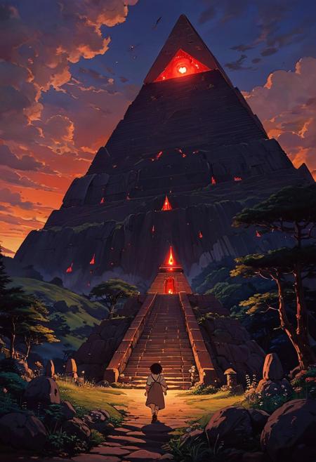 (studio ghibli drawing), (studio ghibli painting),best quality, masterpiece, extremely detailed,  professional  art,  professional painting, an extremely delicate and beautiful, dynamic,  great lighting, perfect shading, professional shading, depth of field,   side soft light, elegant, gorgeous, highly detailed,   full shot, uncropped,   pure genious, absolutely perfect,  highly detailed, breathtaking,  overlooking a menacing landscpae is a gigantic dark pyramid with ominous red glowing runes on its sides